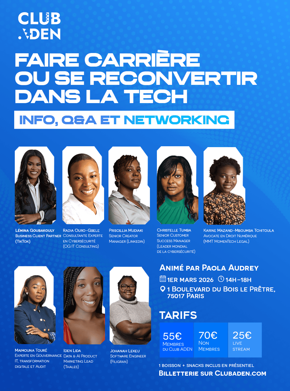 Affiche : Faire carrière ou se reconvertir dans la Tech - Conférence Club Aden Paris 2026